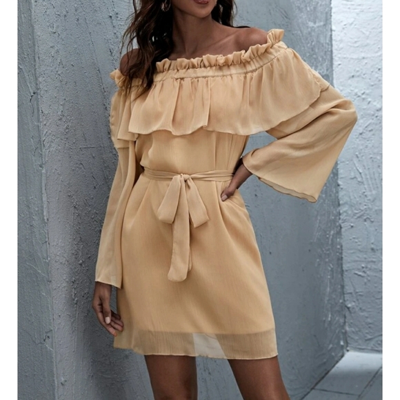 Apricot Off Shoulder Belted Mini Dress - Picture 1 of 6